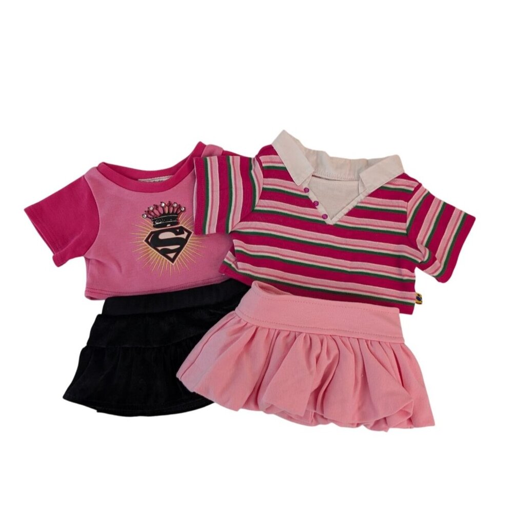 Build-A-Bear Clothes Pink Striped & Supergirl Shirts w/Black Pink Skirts Outfits